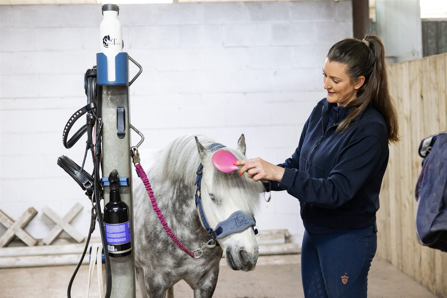 Rider grooming her pony with SnapTack magnetic holders keeping kit within reach