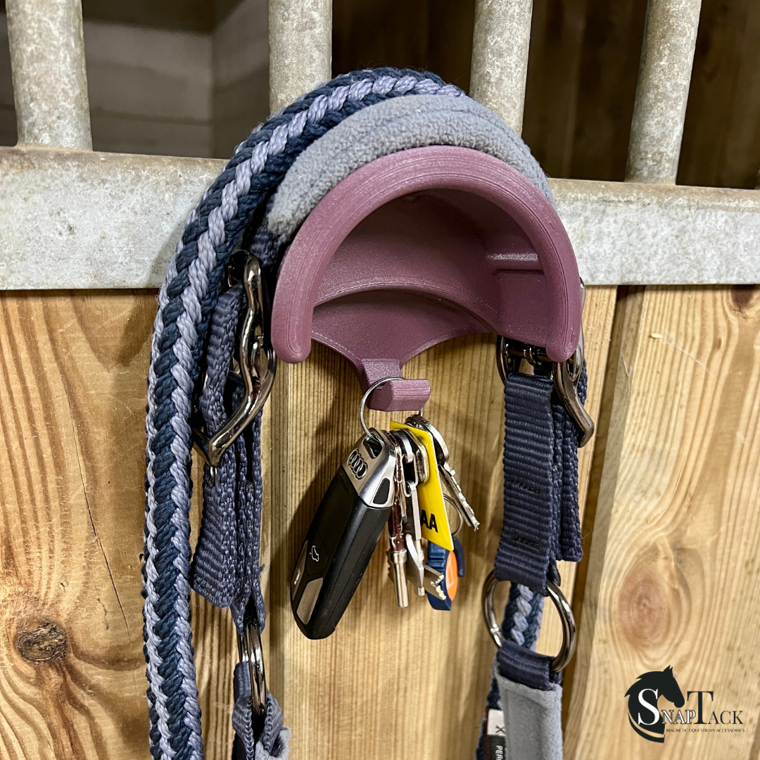 SnapTack magnetic bridle holder with hook for equestrian tack storage - burgundy

