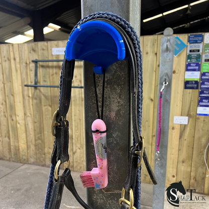 SnapTack magnetic bridle holder with hook for equestrian tack storage blue