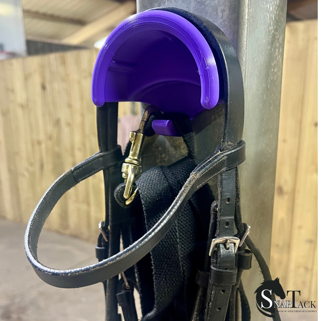 SnapTack magnetic bridle holder with hook for equestrian tack storage - purple