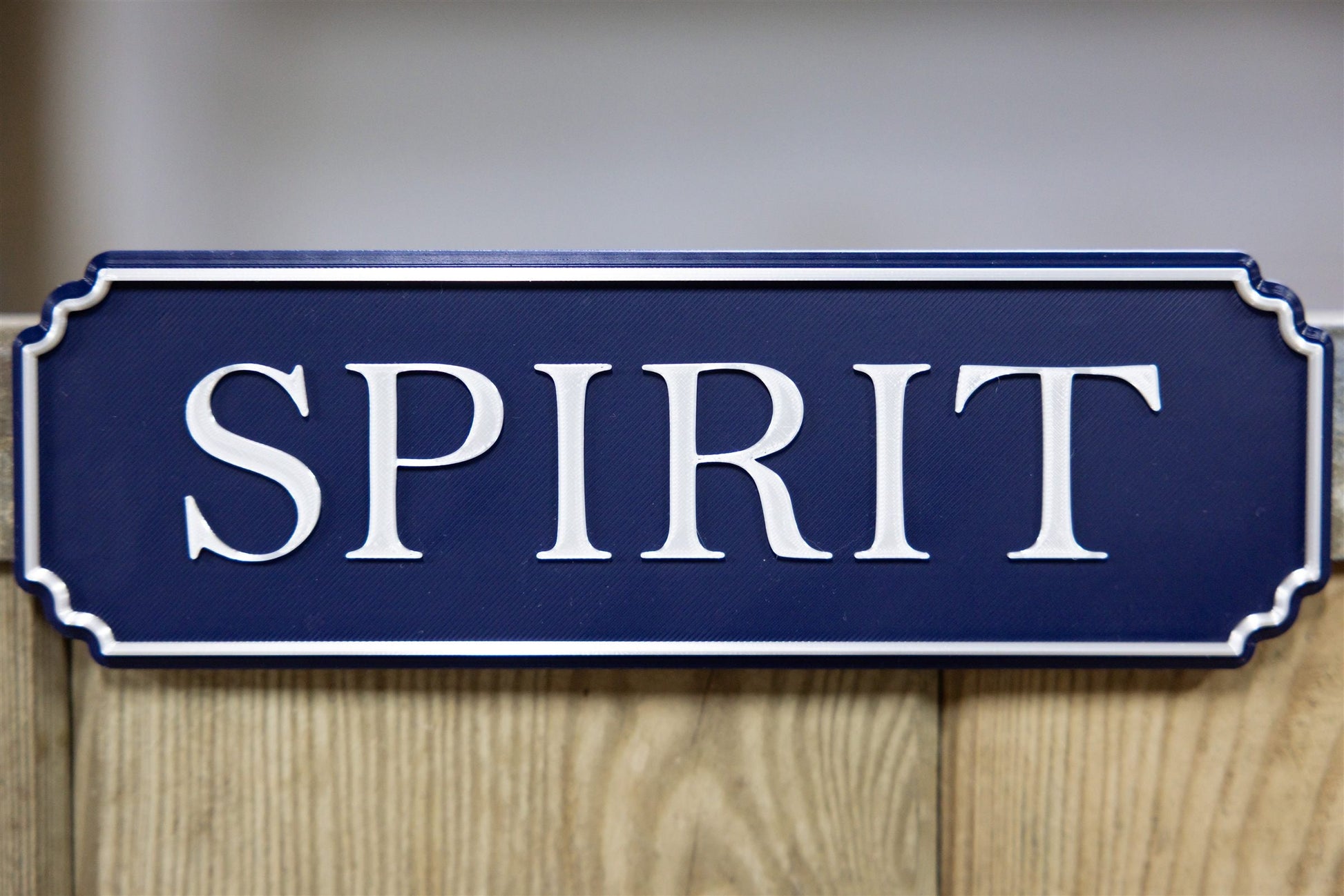 Navy personalised magnetic stable door sign reading Spirit