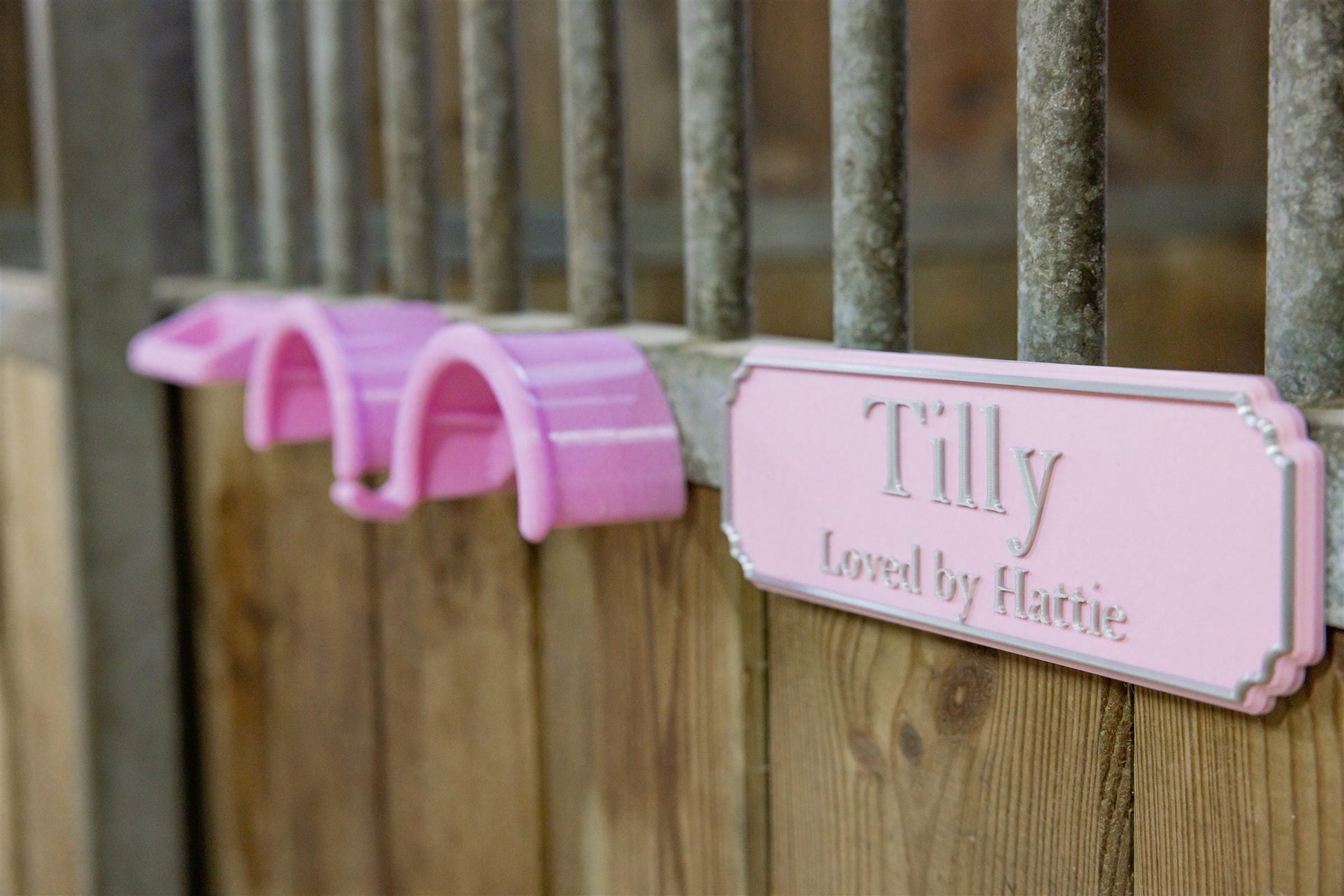 Pink personalised stable door sign reading Tilly with matching magnetic bridle hook