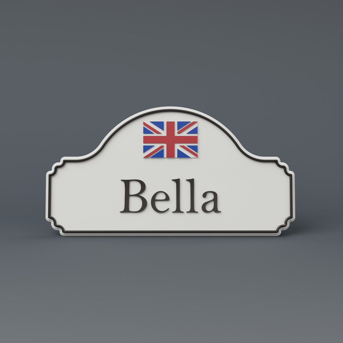 Render: SnapTack door sign with a Great Britain flag and the name Bella, white and black
