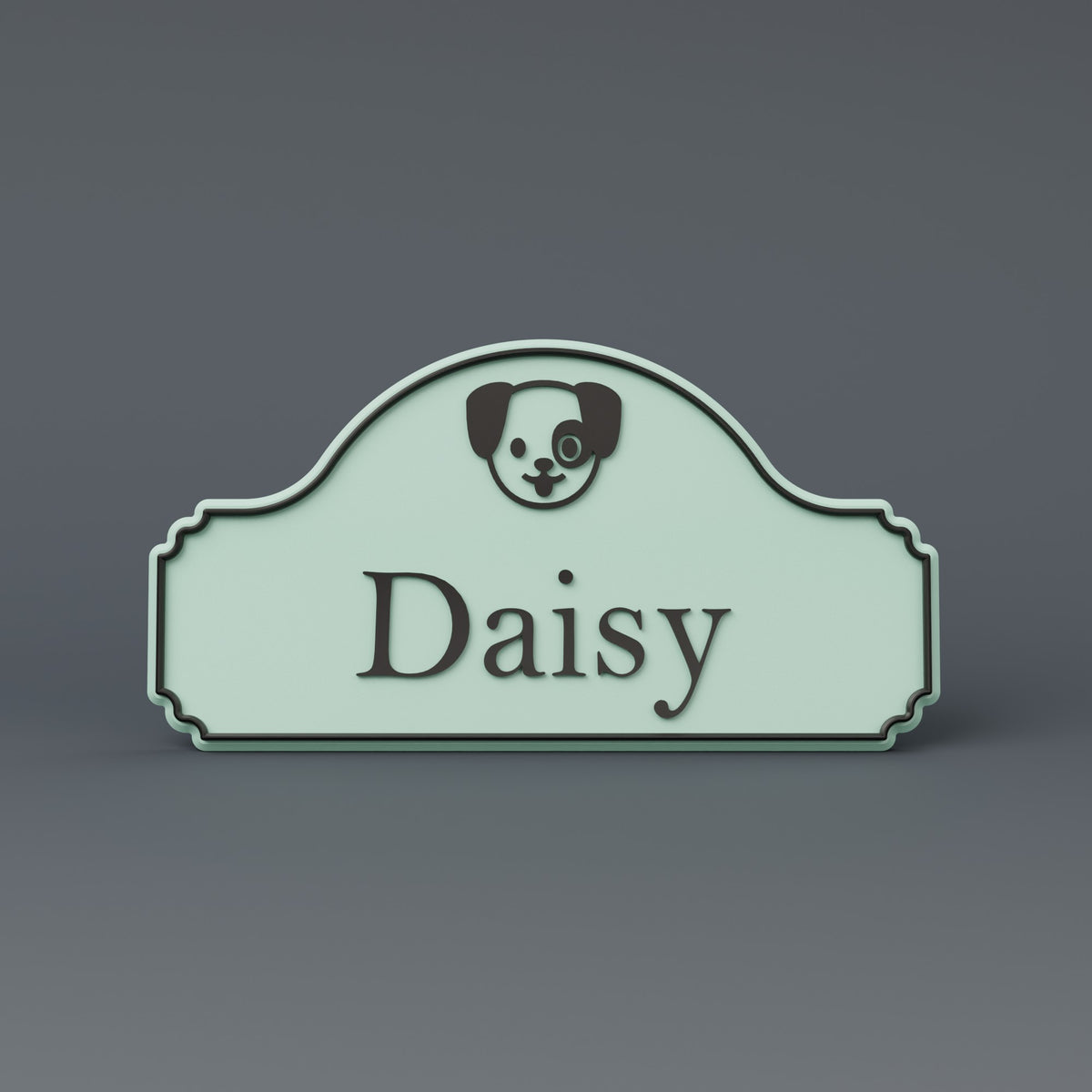 Render: SnapTack door sign with a dog emoji and the name Daisy, mint and black
