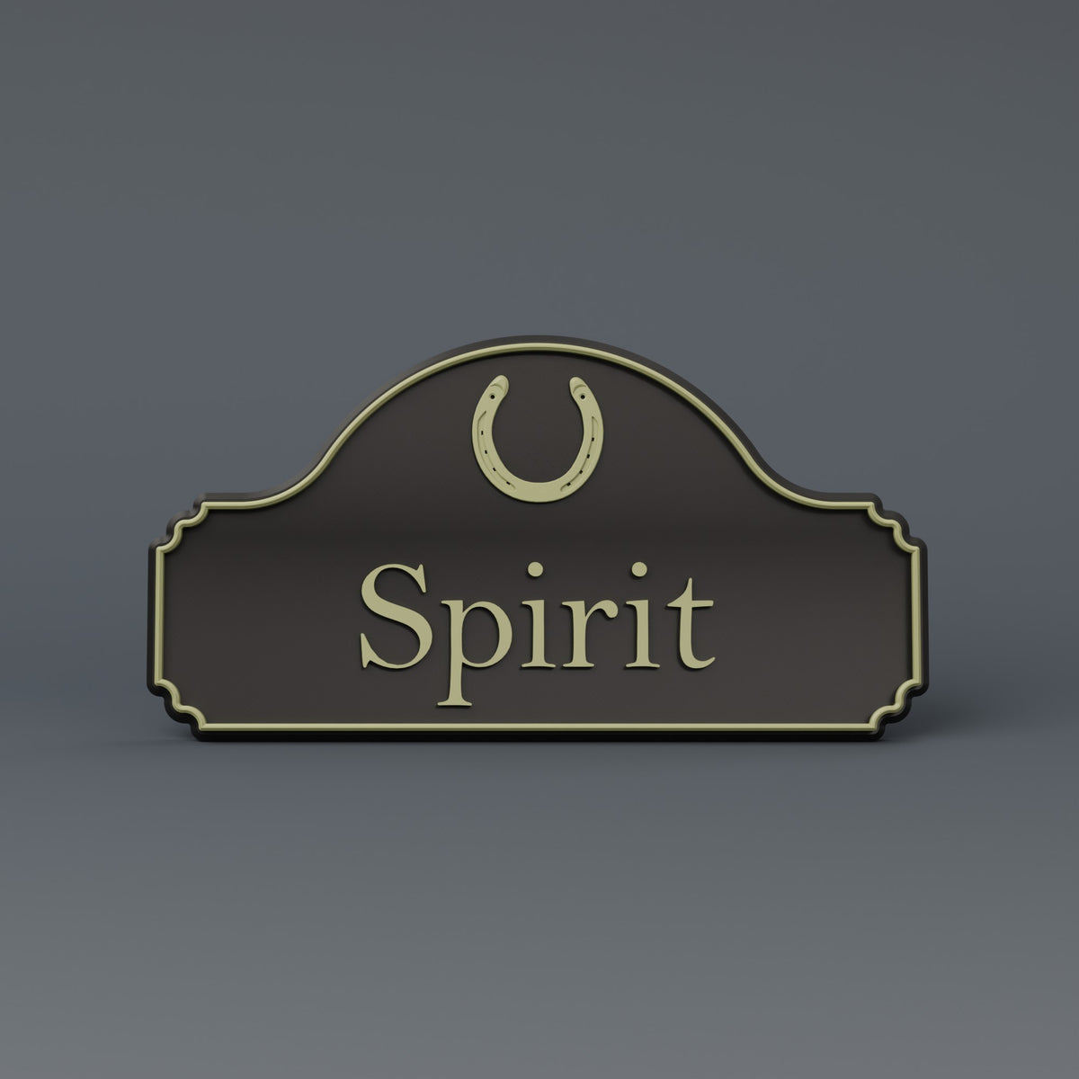 Render: SnapTack door sign with a horseshoe and the name Spirit, black and bronze