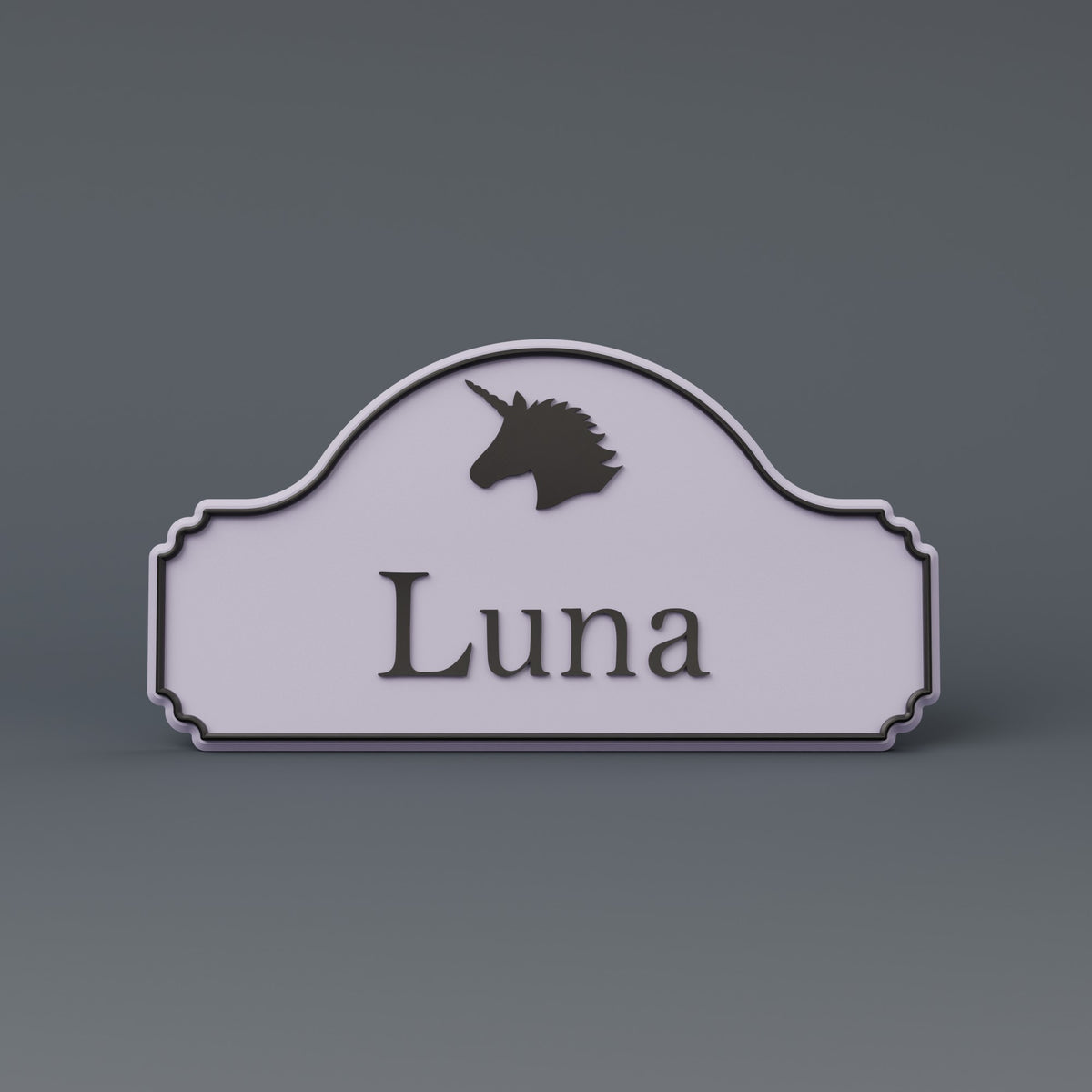 Render: SnapTack door sign with a unicorn and the name Luna, lilac and black