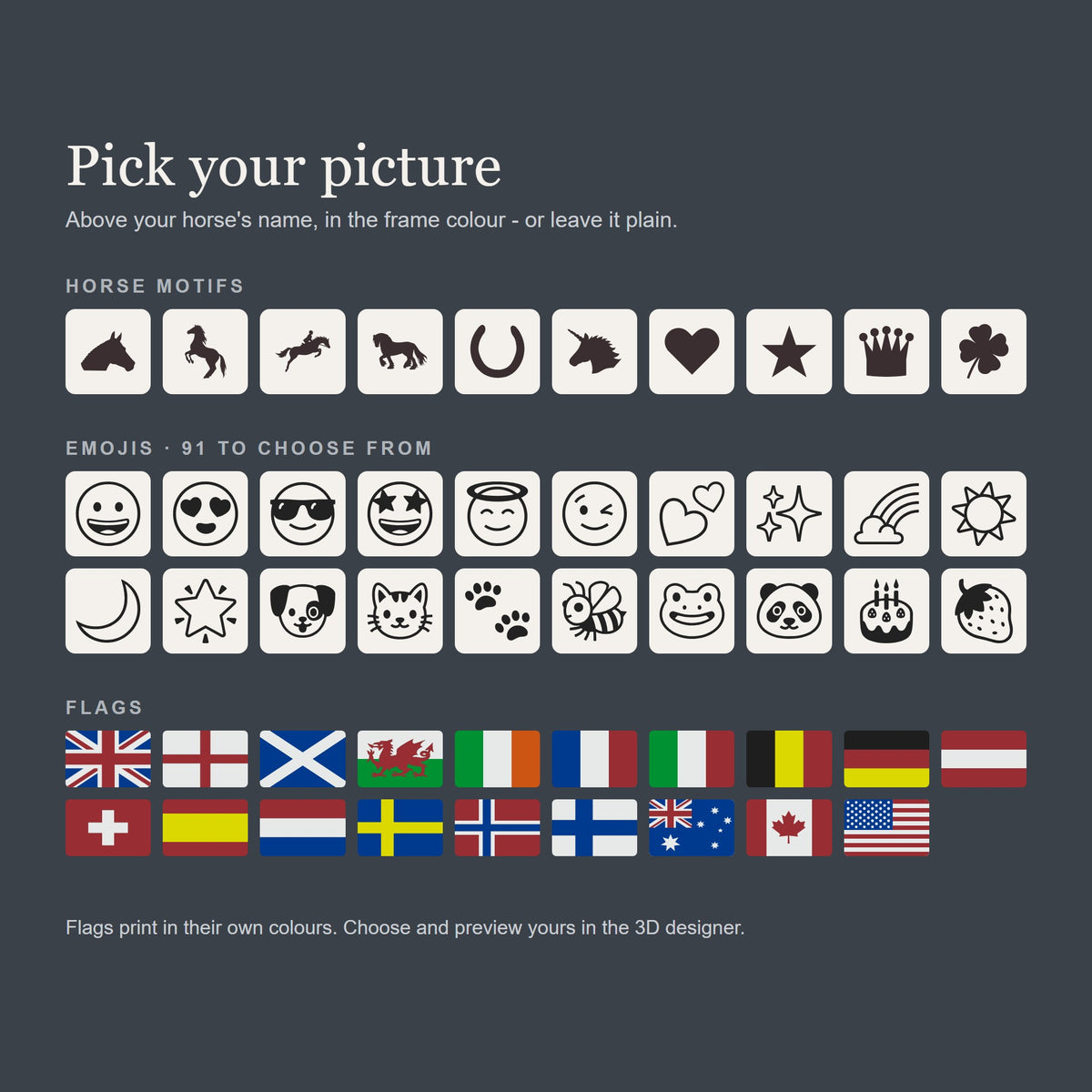 The pictures you can choose: horse motifs, emojis and flags