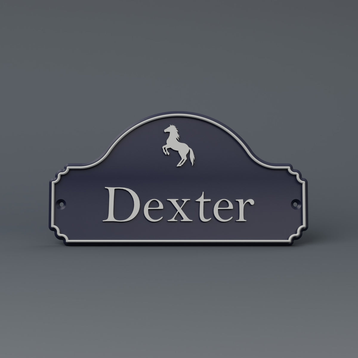Render: SnapTack screw-mount door sign with a rearing horse and the name Dexter, midnight and silver