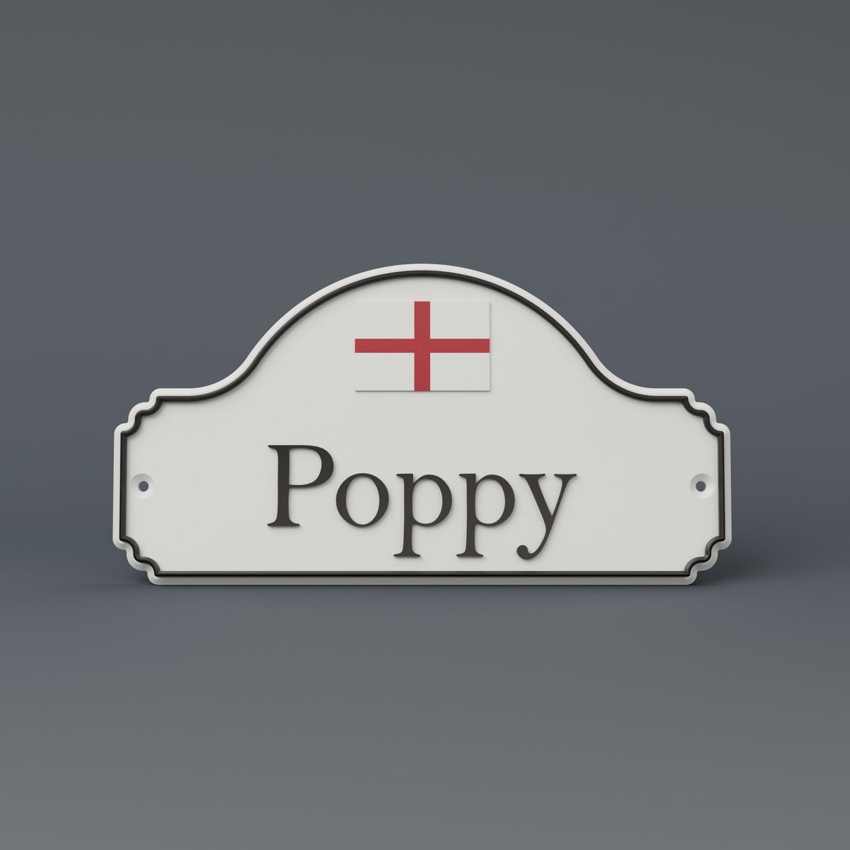 Render: SnapTack screw-mount door sign with an England flag and the name Poppy, white and black