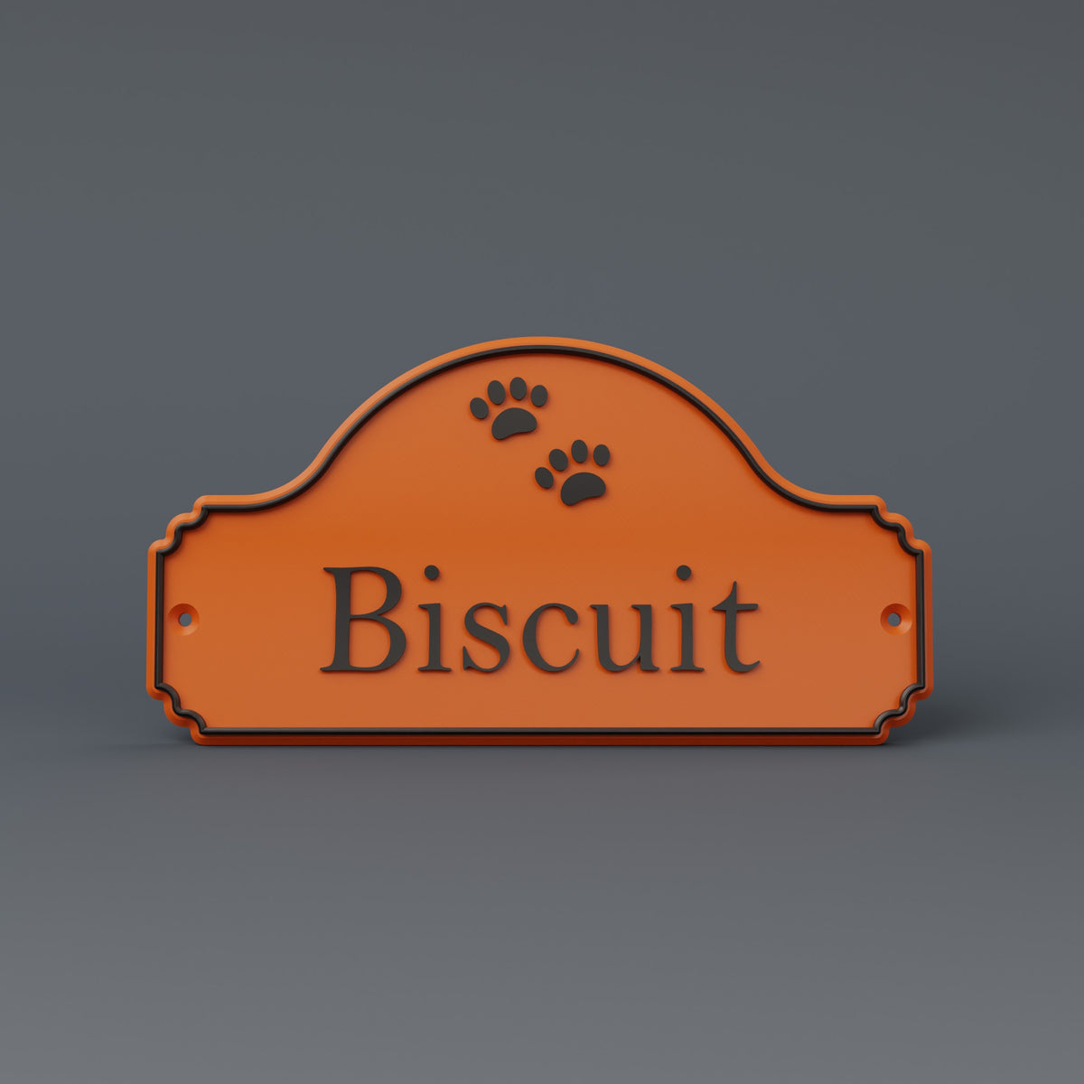 Render: SnapTack screw-mount door sign with paw prints and the name Biscuit, orange and black