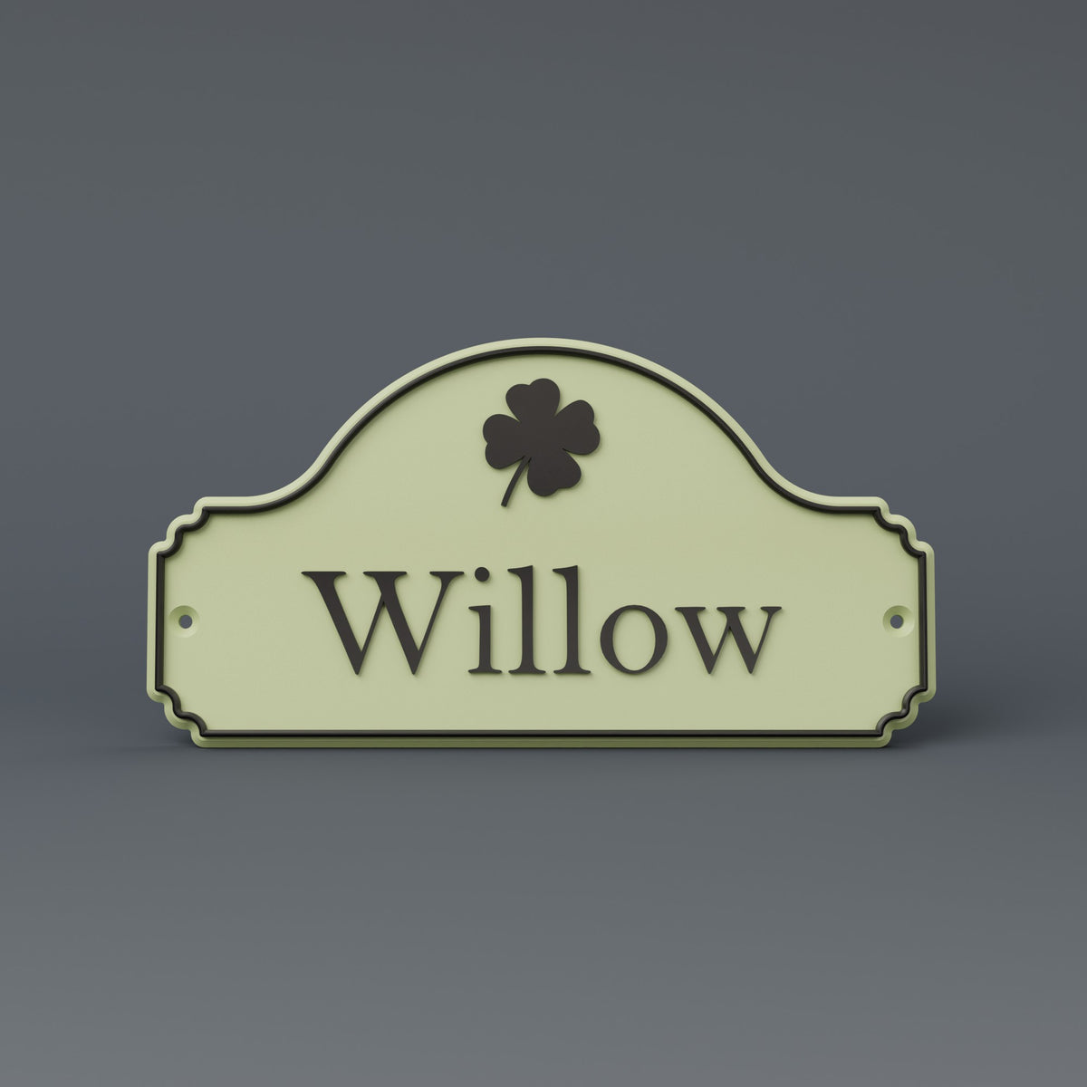 Render: SnapTack screw-mount door sign with a four-leaf clover and the name Willow, matcha and black