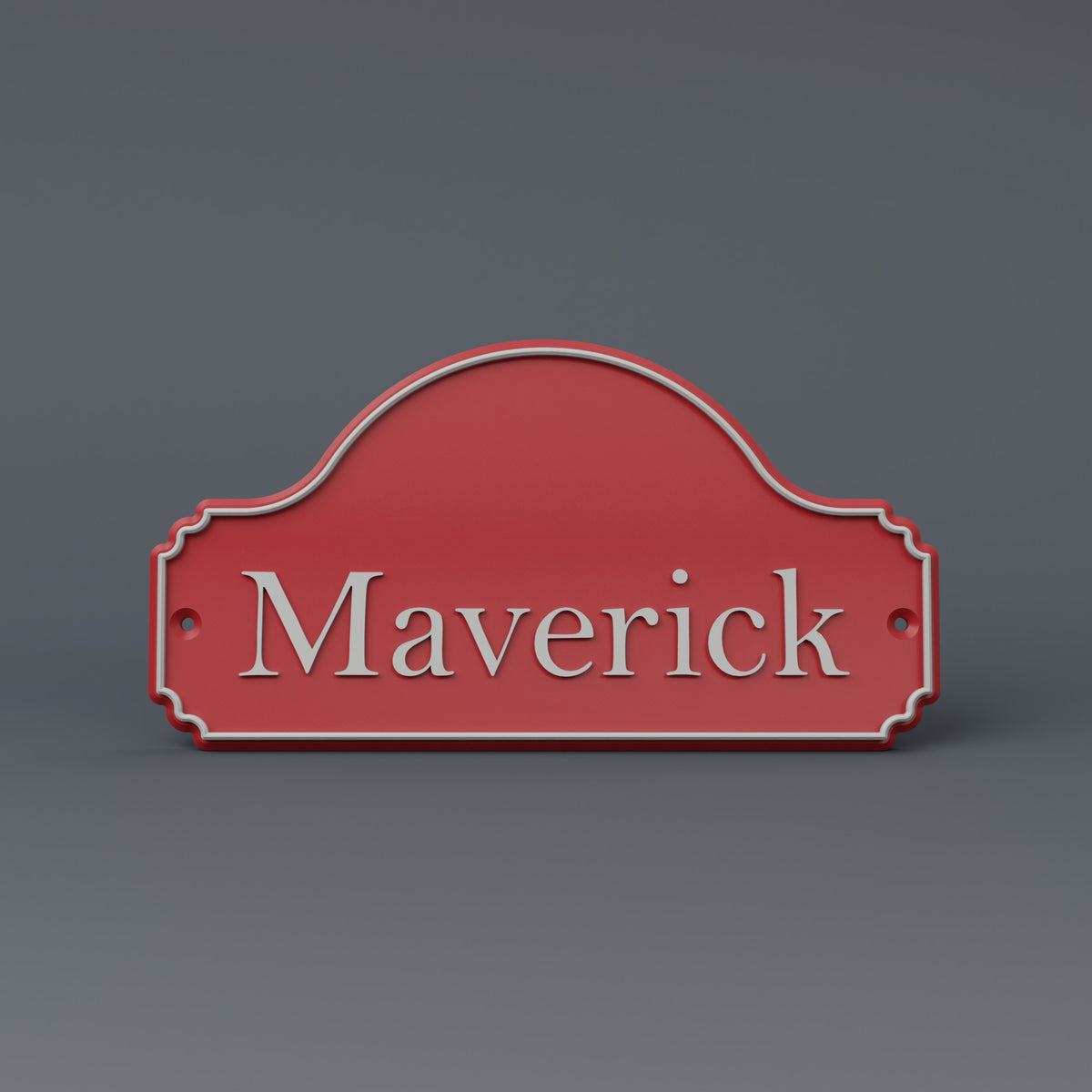 Render: plain SnapTack screw-mount door sign, the name Maverick, red and silver, no picture